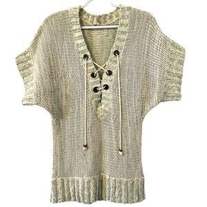 Free People Lace-Up Front Short Sleeve Green & White Knit Sweater Med EUC
